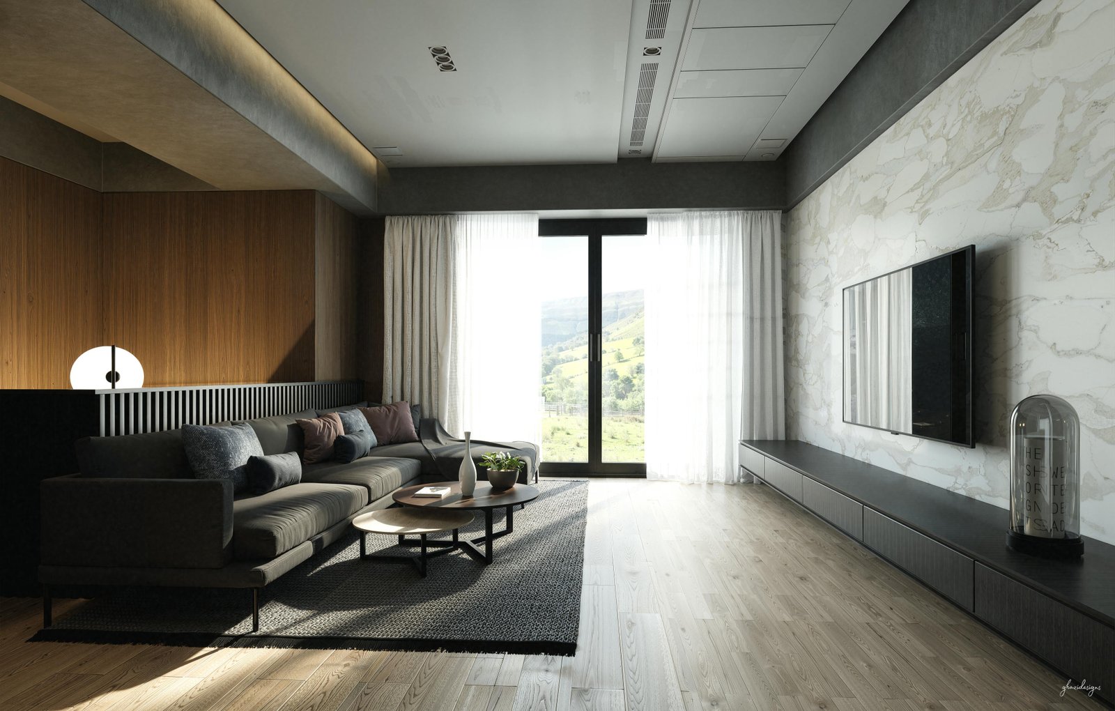 Salon moderne décoré avec des matériaux naturels et des couleurs apaisantes