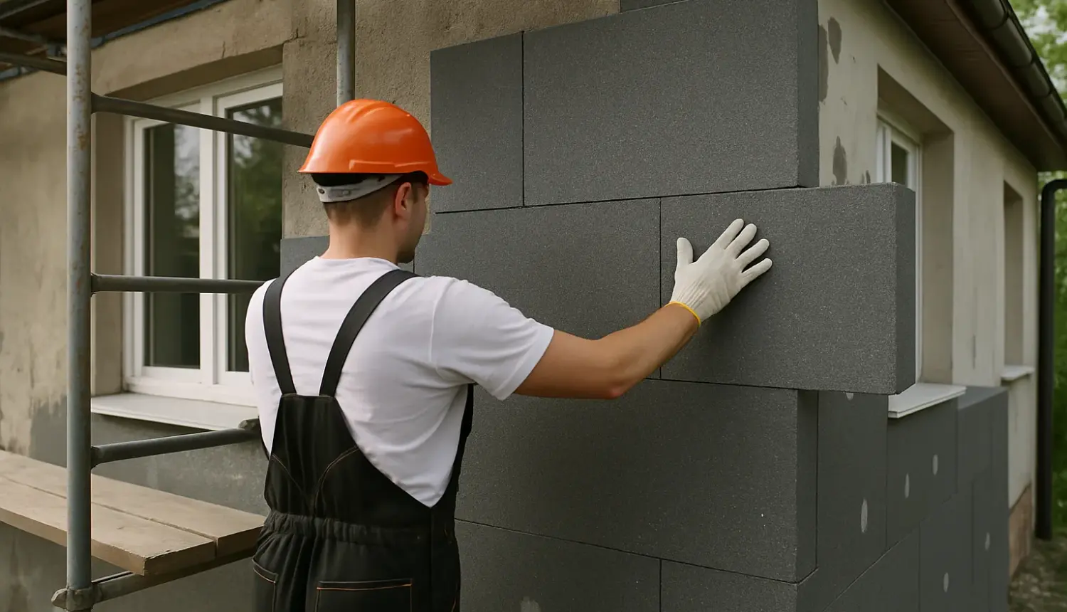 Pose de panneaux isolants sur la façade d’une maison dans le cadre d’une isolation par l’extérieur.